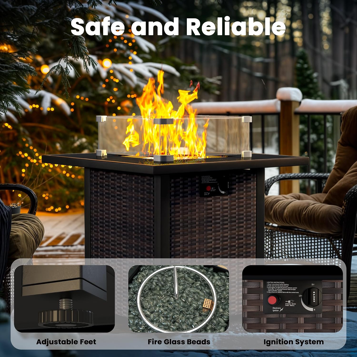 Propane Fire Pit Table, Outdoor Fire Pit Table, 28' Rattan Square Outdoor Gas FirePit with Glass Wind Guard, Tempered Glass Tabletop, Lid, CSA Listed, 50,000 BTU, Outside Patio Deck & Garden, Brown