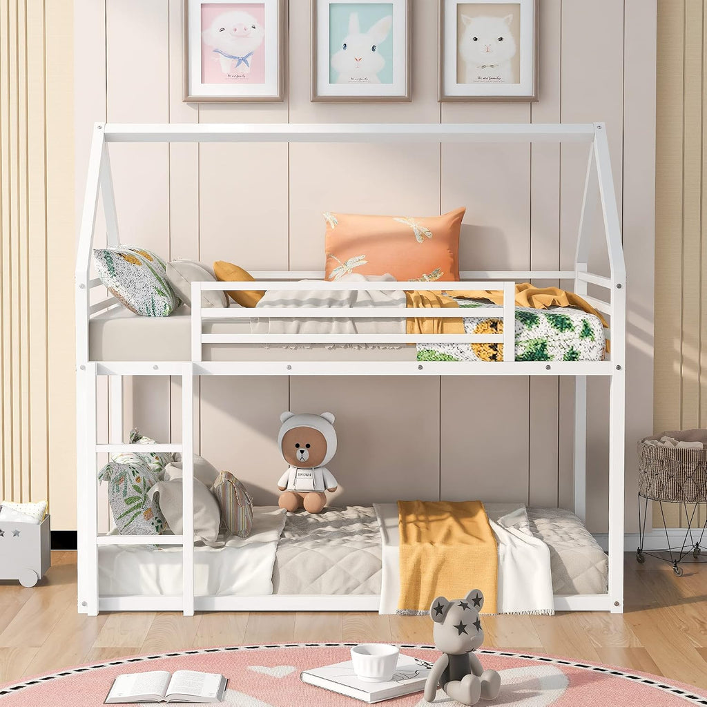 SOFTSEA Junior's Metal Twin Over Twin Bunk Bed Low House Bunk Beds for Kids