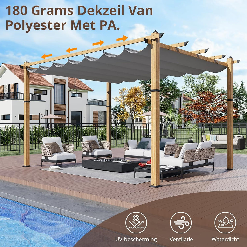 10x13 Ft Outdoor Retractable Pergola with Sun Shade Canopy, Heavy-Duty Aluminum Canopy Pergola Kits for Backyard, Faux Wood Grain Metal Patio Gazebo for Garden, Porch Beach, Grape Trellis - Grey