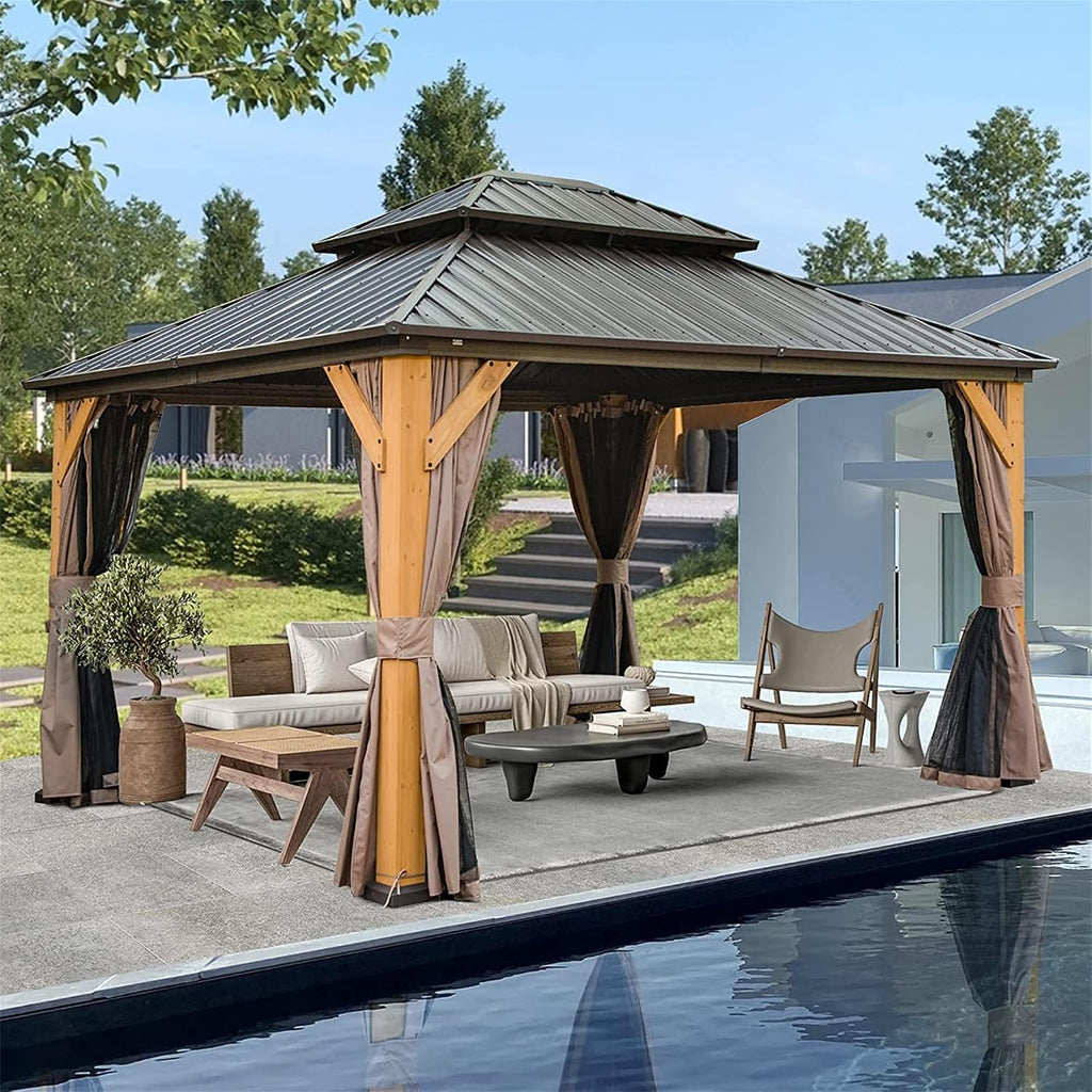 12'x14' Hardtop Gazebo with Cedar Wood Frame, Outdoor Wood Gazebo with Galvanized Steel Double Roof, Permanent Metal Roof Gazebo with Curtains and Netting for Patio, Backyard and Lawn(Brown)