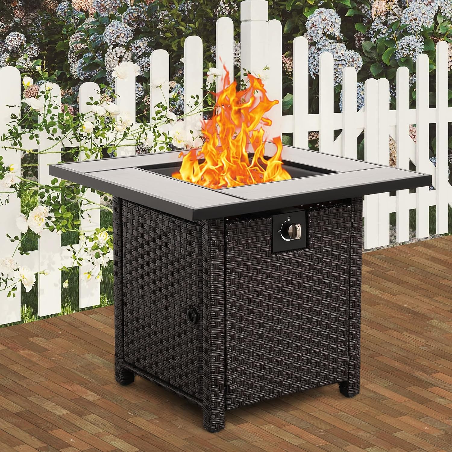 50000 BTU Brown Wicker Gas Fire Pit Outdoor Fire Pit Table 30 Inch Fire Pits for Outside with Woodgrain Marble Tabletop Fire Pit Cover and Blue Crystal Beads