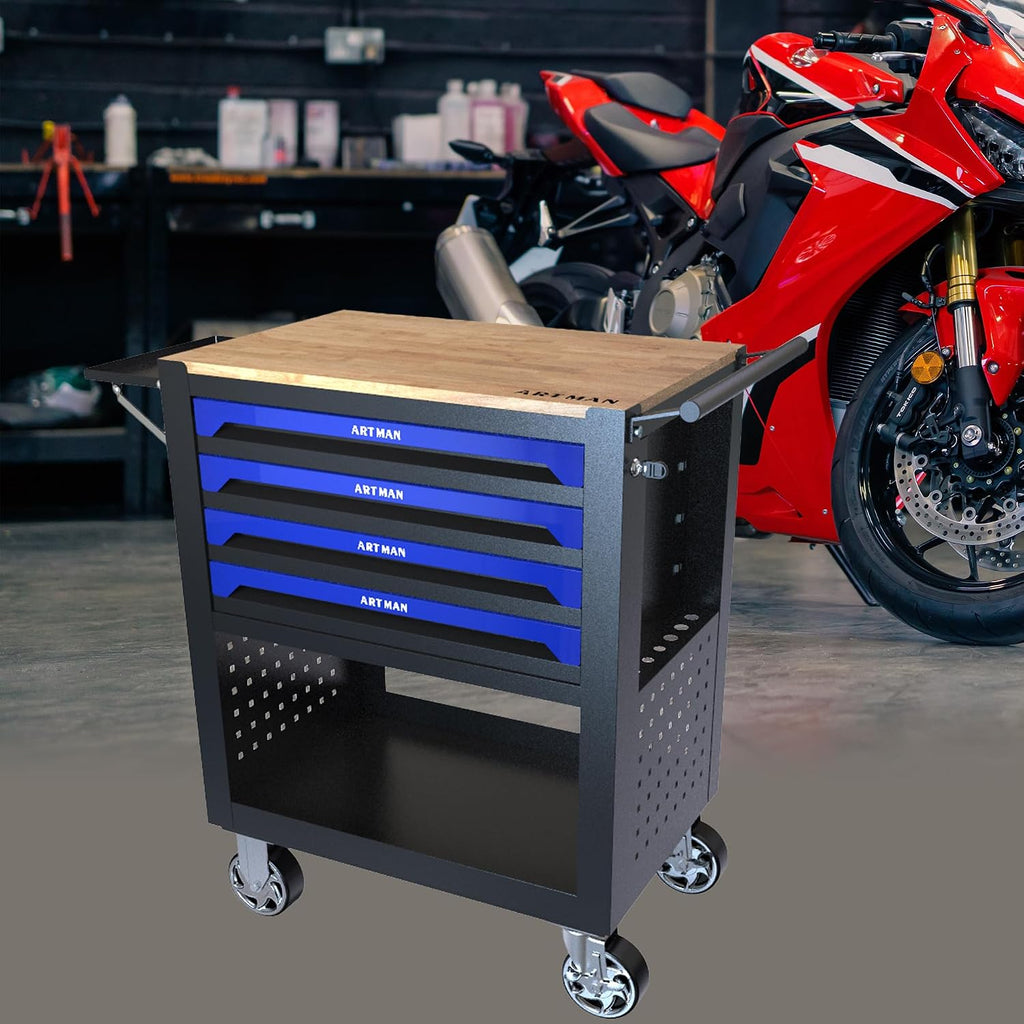 Campfun Tool Cart with 4 Drawers and Wheels, Mechanical Tool Workbench with Wooden Top for Storage in Garages, Workshops, and Repair Shops - Blue