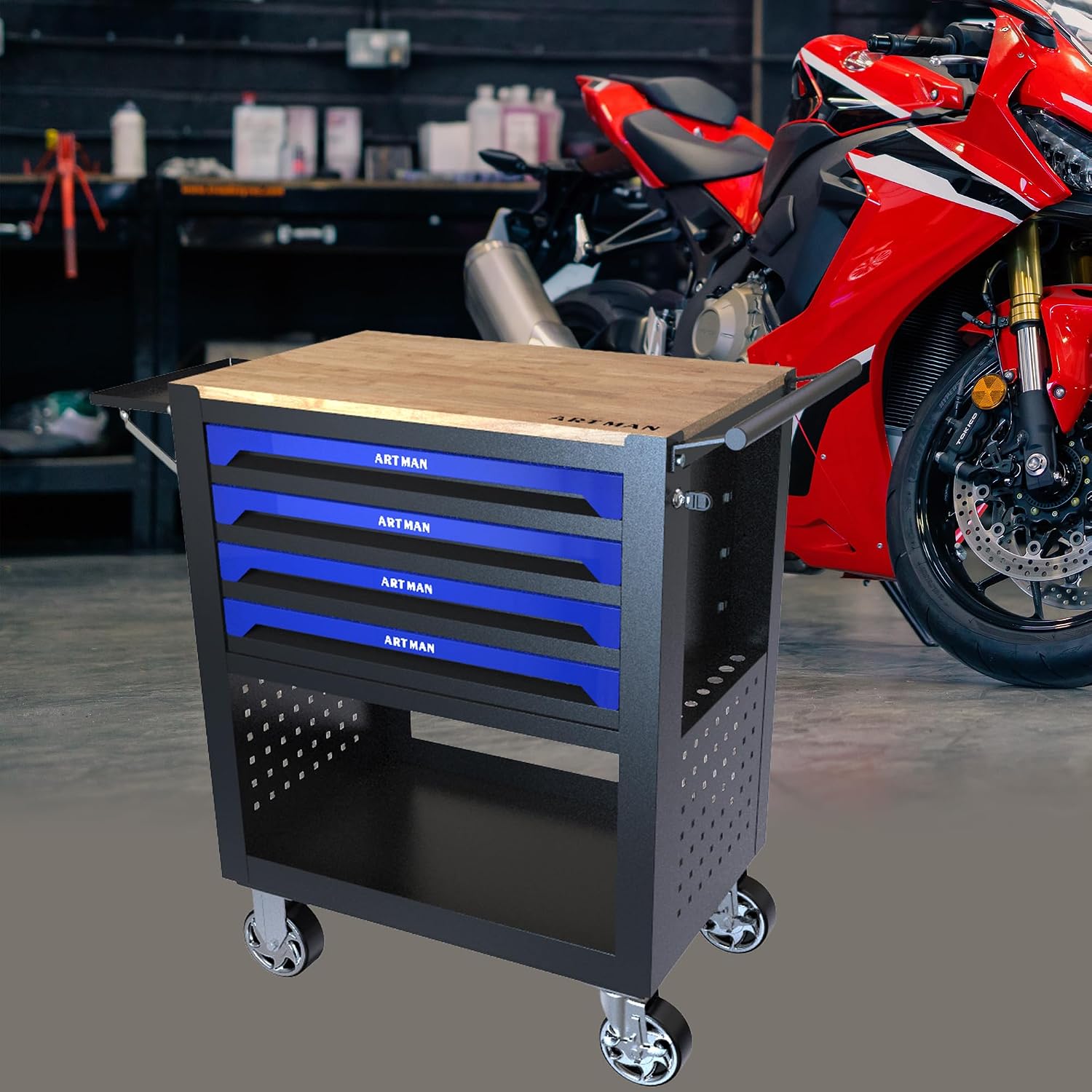 Campfun Tool Cart with 4 Drawers and Wheels, Mechanical Tool Workbench with Wooden Top for Storage in Garages, Workshops, and Repair Shops - Blue