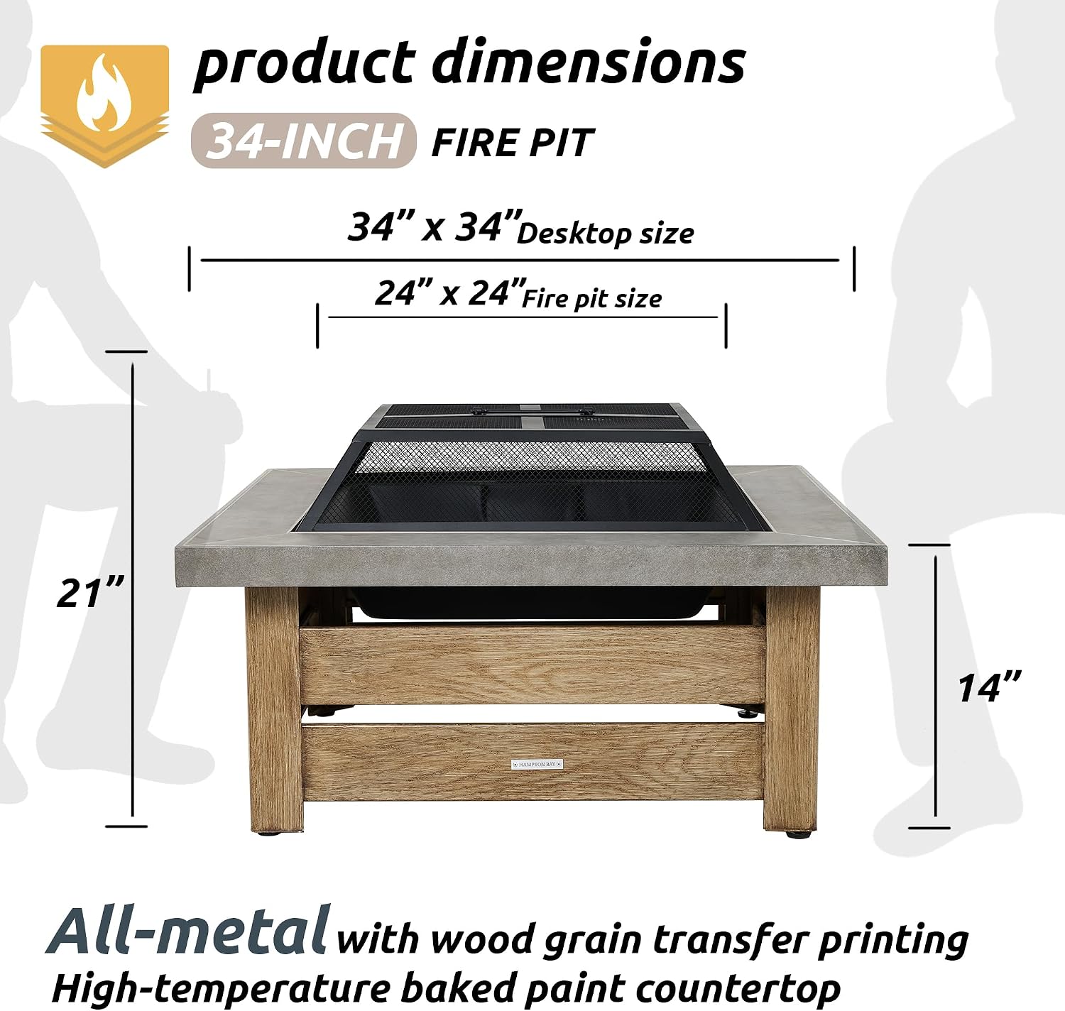 WILDMOS Firepits for Outside，Wood Burning Fire Pit with Wood-Grain Side Panels,Firepit for Outside with Mesh Cover & Fire Poker,Square Modern Outdoor Fireplace Fire Table. (Countryside)