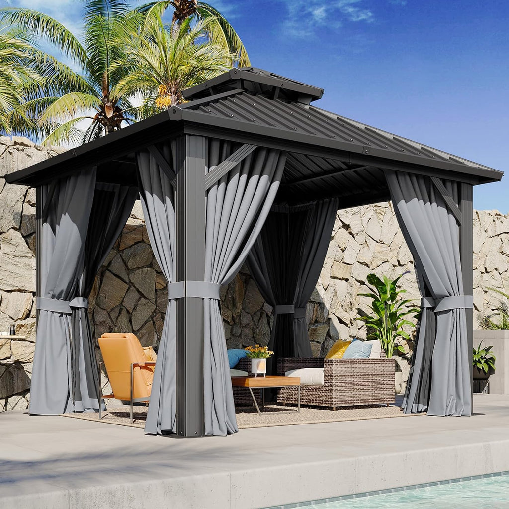 Aoxun 10Ft X 10Ft Hardtop Gazebo, Aluminum Metal Outdoor Gazebo with Breathable Netting and Curtains, Galvanized Steel Double Top, Permanent Patio Pavilion for Backyard, Wedding, Party