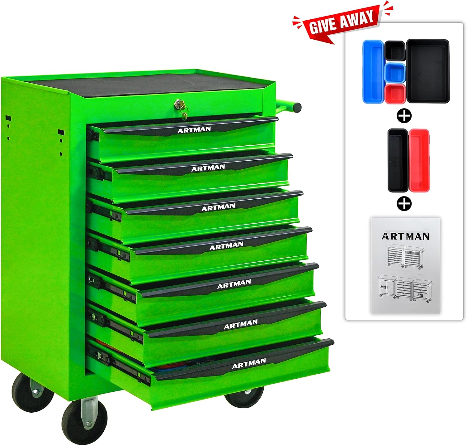 Rolling Tool Chest Cart with 7 Drawers,Storage Tool Cabinet on 4 Wheels. Lockable Tool Cart with Drawer Liners.Steel Tool Box Organizer for Garage,Repair Workshop-Green