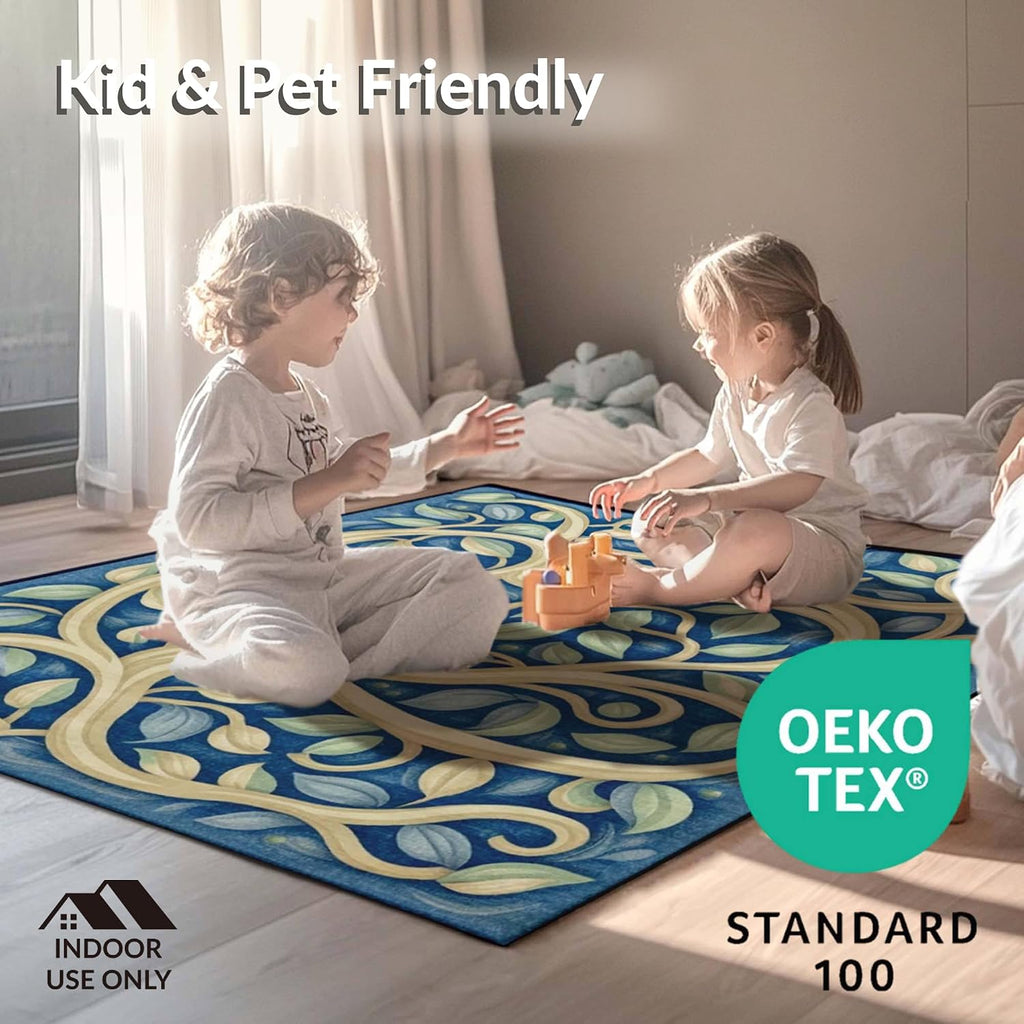 Design&I Low Pile Flatwoven Area Rug 5x7, Tropical Fish Coral Reef Marine Life Seascape, Machine Washable, Stain Resistant Indoor Rug for Living Room, Bedroom, Non Slip(Blue, 5x7, Pad)