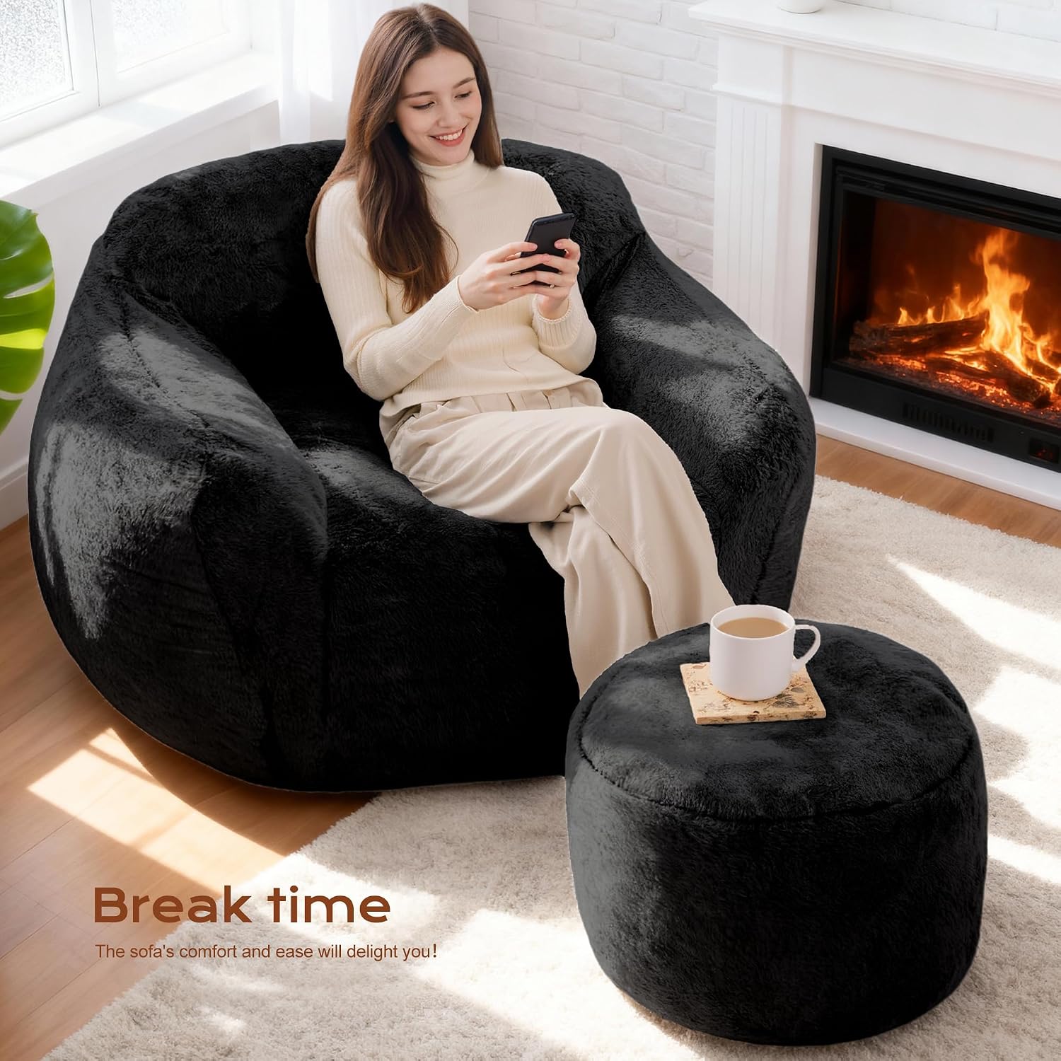 Giant Bean Bag Chair for Adults, Large Memory Foam BeanBag Chairs, Oversized Bean Bag Sofa with Filler, Faux Fur Big Reading Chair Comfy Floor Sofa Chair (Black, Single with Ottoman)