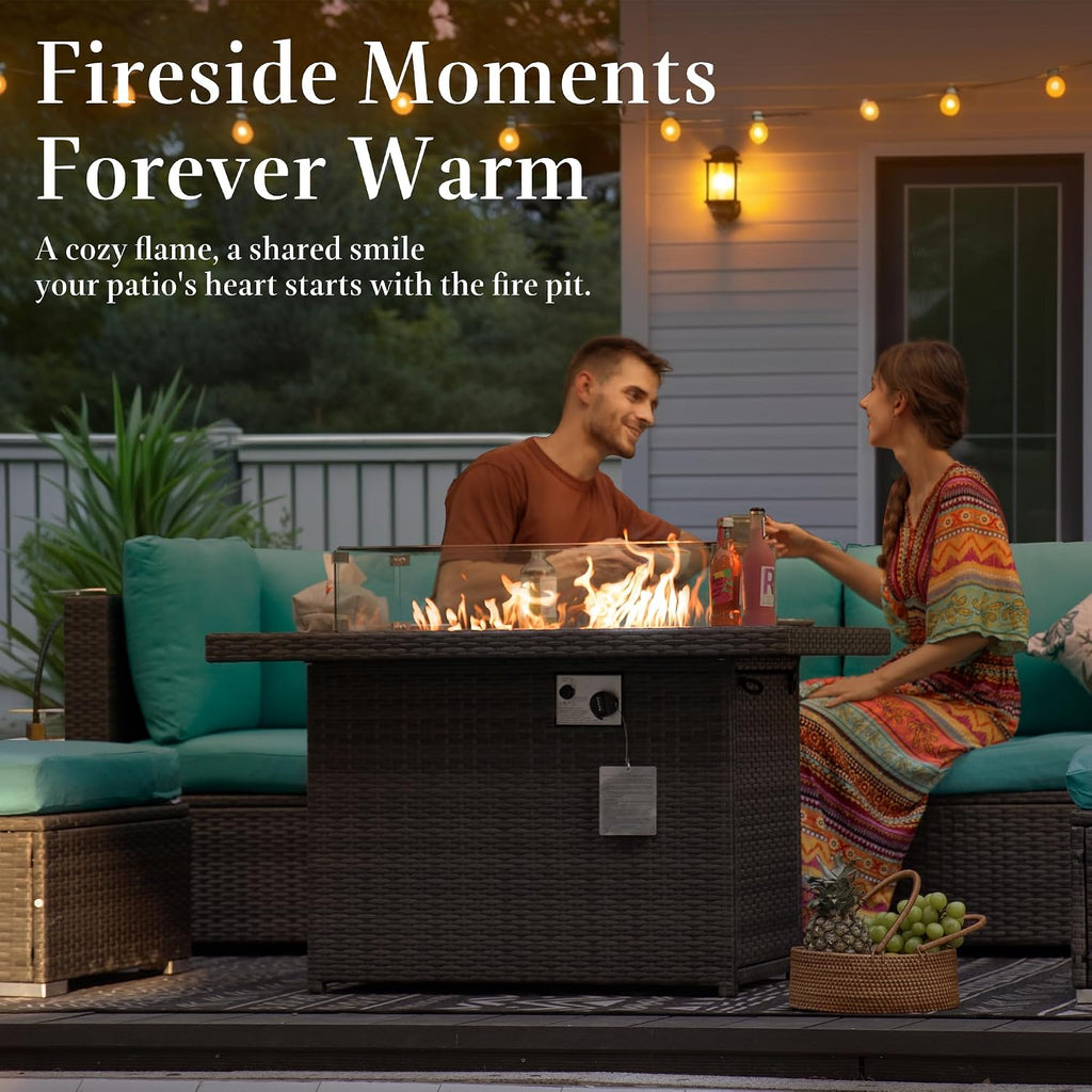 NICESOUL Wicker Propane Fire Pit Table, 60000 BTU Large Natural Gas Firepit Tables, 43'' Rectangle CSA Fireplaces for Deck Backyard, Fire Table with Windguard&Glass Rocks&Cover, Gray