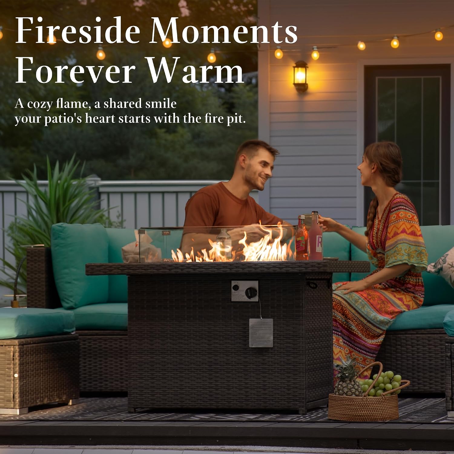 NICESOUL Wicker Propane Fire Pit Table, 60000 BTU Large Natural Gas Firepit Tables, 43'' Rectangle CSA Fireplaces for Deck Backyard, Fire Table with Windguard&Glass Rocks&Cover, Gray