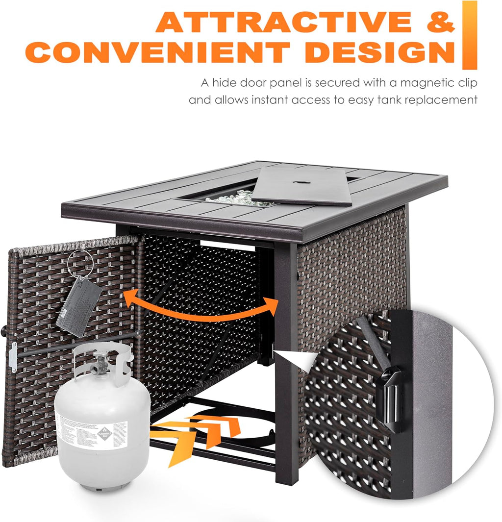 Nuu Garden Outdoor 43 Inch 50,000 BTU Propane Gas Fire Pit Table, Aluminum Tabletop and PE Rattan Weaved Steel Frame, Water-Proof Oxford Cover, Glass Fire Pit Wind Guard, Glass Beads, Lid, Dark Brown
