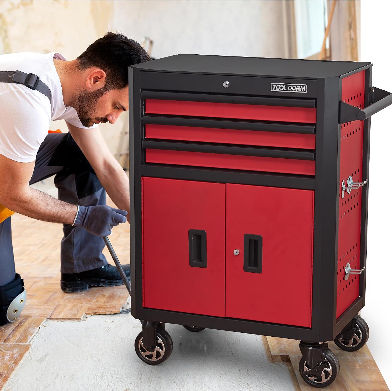 Tool Chest with Wheels - 28inch Tool Box with 3 Drawers & 1 Big Tool Cabinet with 2 Door, Metal Rolling Tool Cabinet with Locking System, for Garage, Warehouse, Workshop, Repair Shop