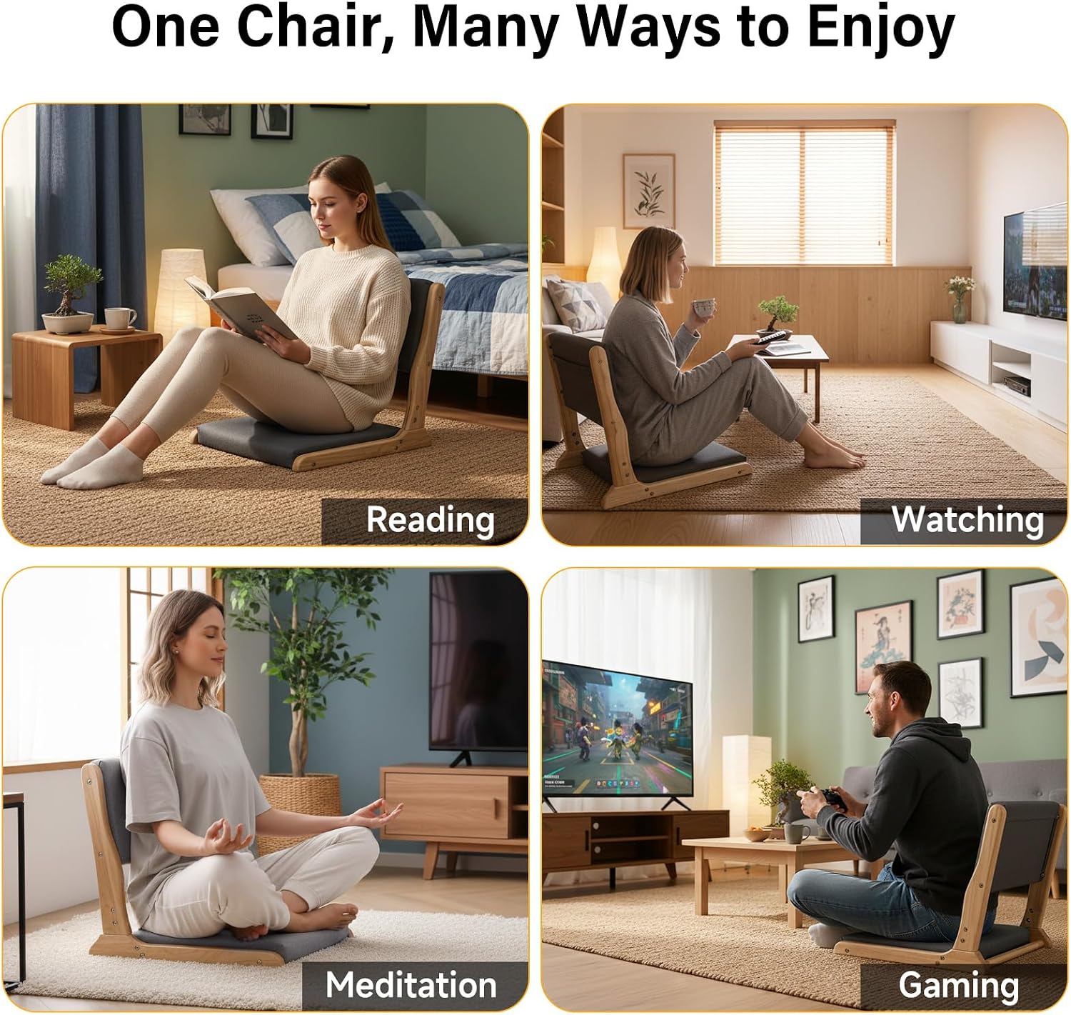 Tiita Floor Chair with Back Support, Foldable Meditation Tatami Chairs, Backrest Chair with Cushion, Living Room Chair Seat 2 Pack, Wood Dark Grey