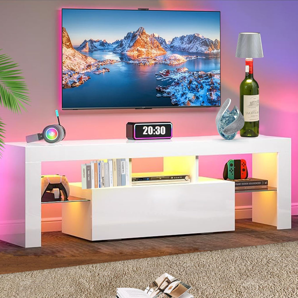 HOUAGI LED TV Stand for 32-55 Inch TV,Modern High Gloss Entertainment Center w/Storage Drawer and Color Changing Lights Video Gaming,Movies,Home Decor White-2