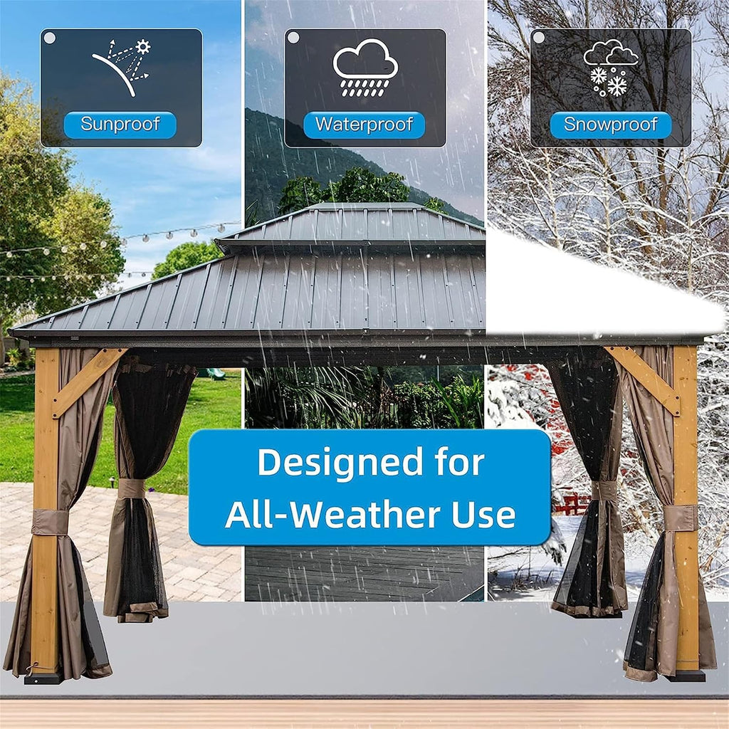 12'x14' Hardtop Gazebo with Cedar Wood Frame, Outdoor Wood Gazebo with Galvanized Steel Double Roof, Permanent Metal Roof Gazebo with Curtains and Netting for Patio, Backyard and Lawn(Brown)