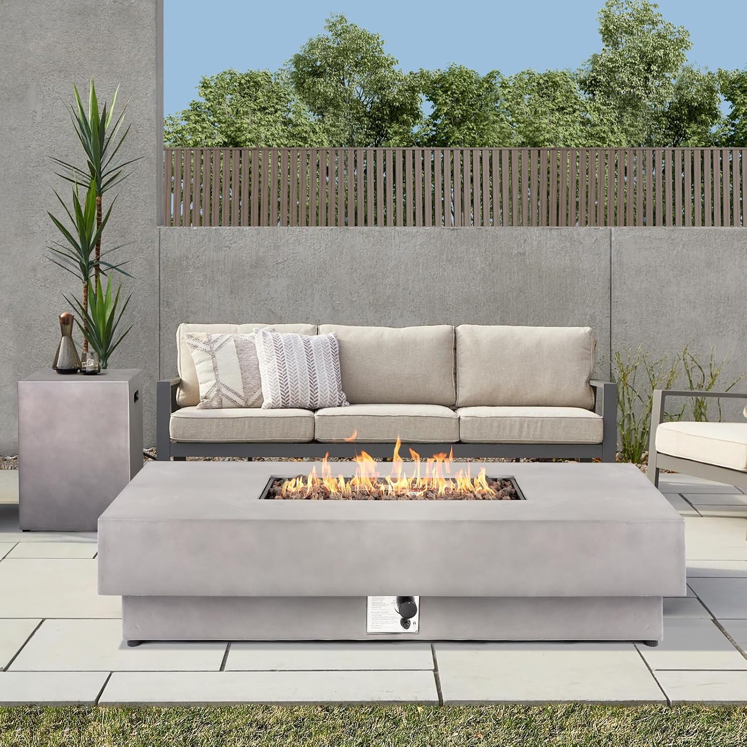 60-inch Fire Pit Table w/Tank Cover, 2-Piece Outdoor Propane/Natural Gas Firepit for Outside Patio, Included SUS201 Rectangle Burner, Auto-Ignition, Metal Lid, Rain Cover（50,000 BTU, Grey）