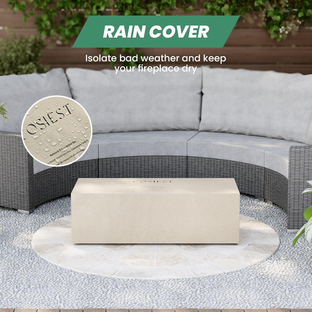 COSIEST Outdoor Propane Fire Pit Coffee Table, 42-inch x 13-inch Terrazzo Rectangle Base Patio Heater w Certified, 50,000 BTU Stainless Steel Burner, Wind Guard, Free Lava Rocks and Rain Cover