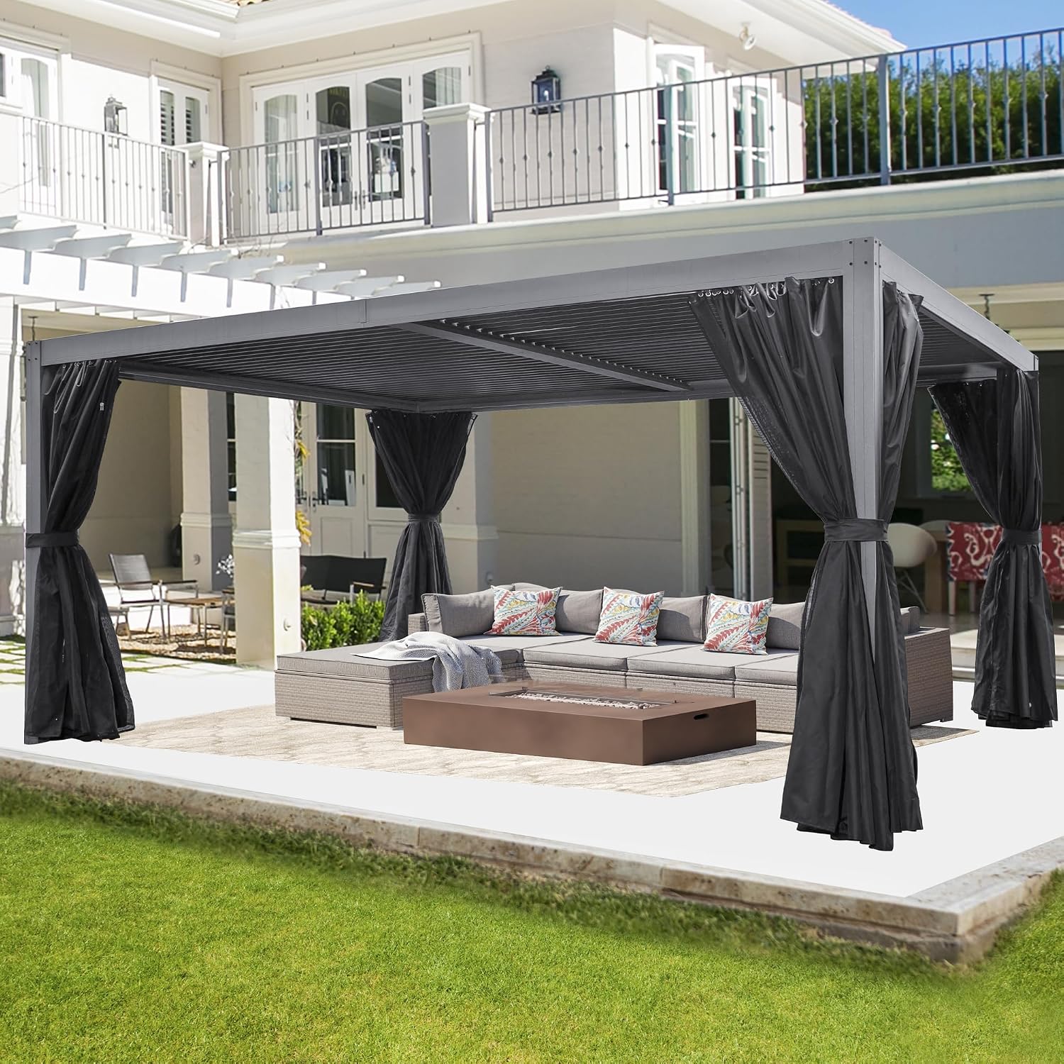 Domi 10x13FT Louvered Pergola, Full Aluminum Pergola with Adjustable Louvered Roof, Outdoor Pergola with Waterproof Curtains and Netting, Gray
