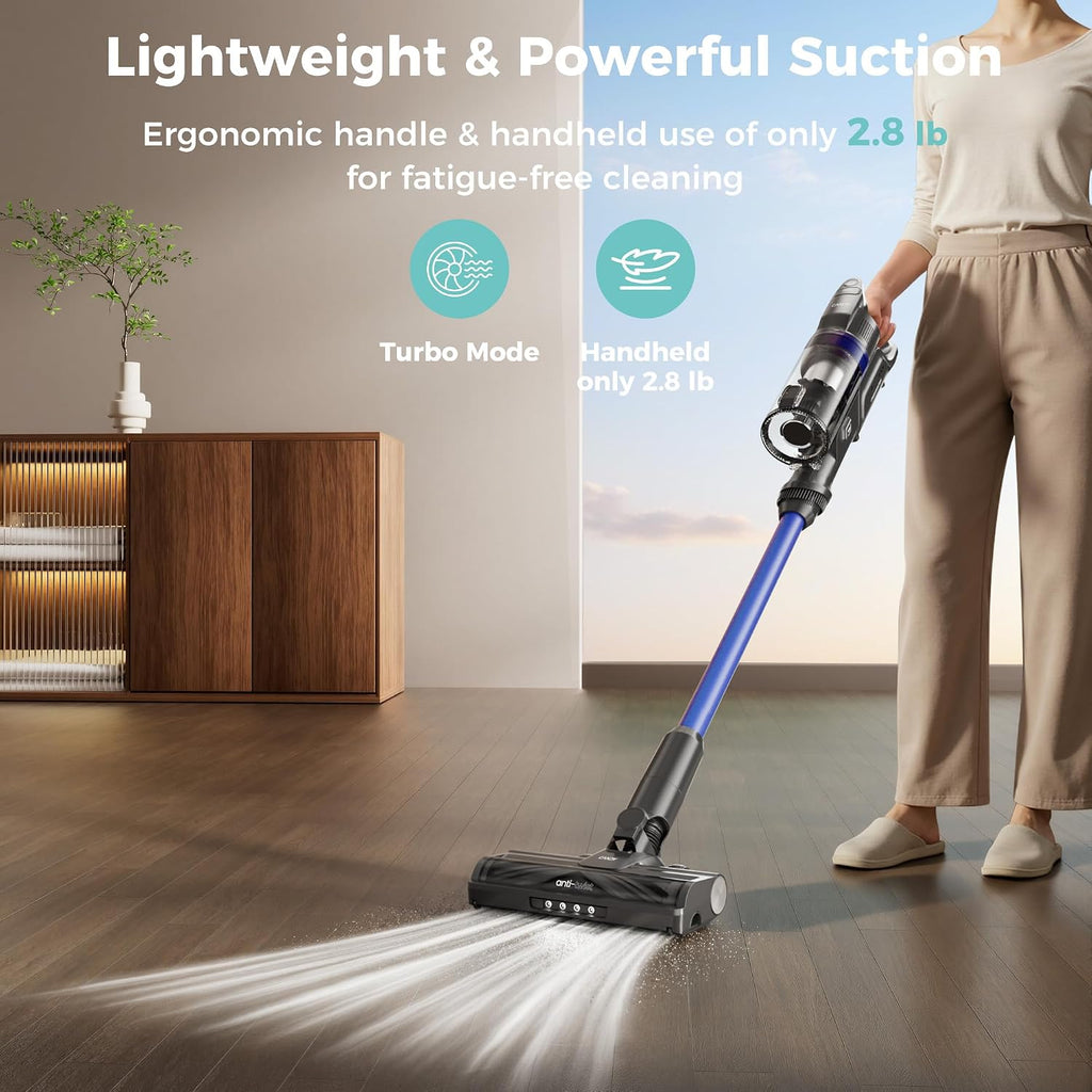 CANDY Cordless Vacuum Cleaner, 45Mins Stick Vacuum for Home, Strong Suction, Removable Battery, Anti-Tangle, One Click Clean, Lightweight Handheld for Hardwood Floor Carpet Pet Hair Car, Blue