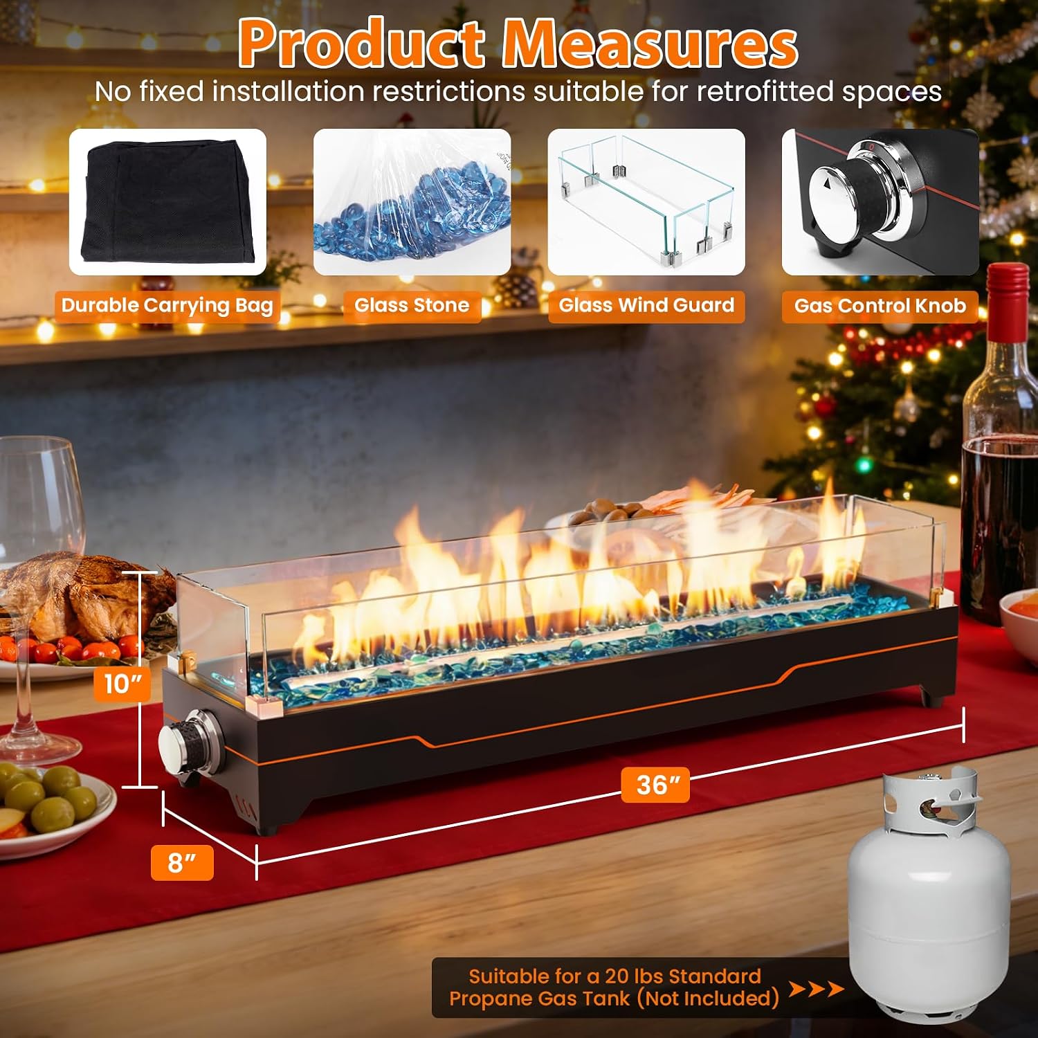 GRISUN 36' Table Top Propane Fire Pit, 50000 BTU Tabletop Gas Fire Pit, Tabletop Firepit for Patio, Outdoor Portable Fireplace, Rectangular Fire Bowl with Glass Wind Guard, Glass Beads & Cover