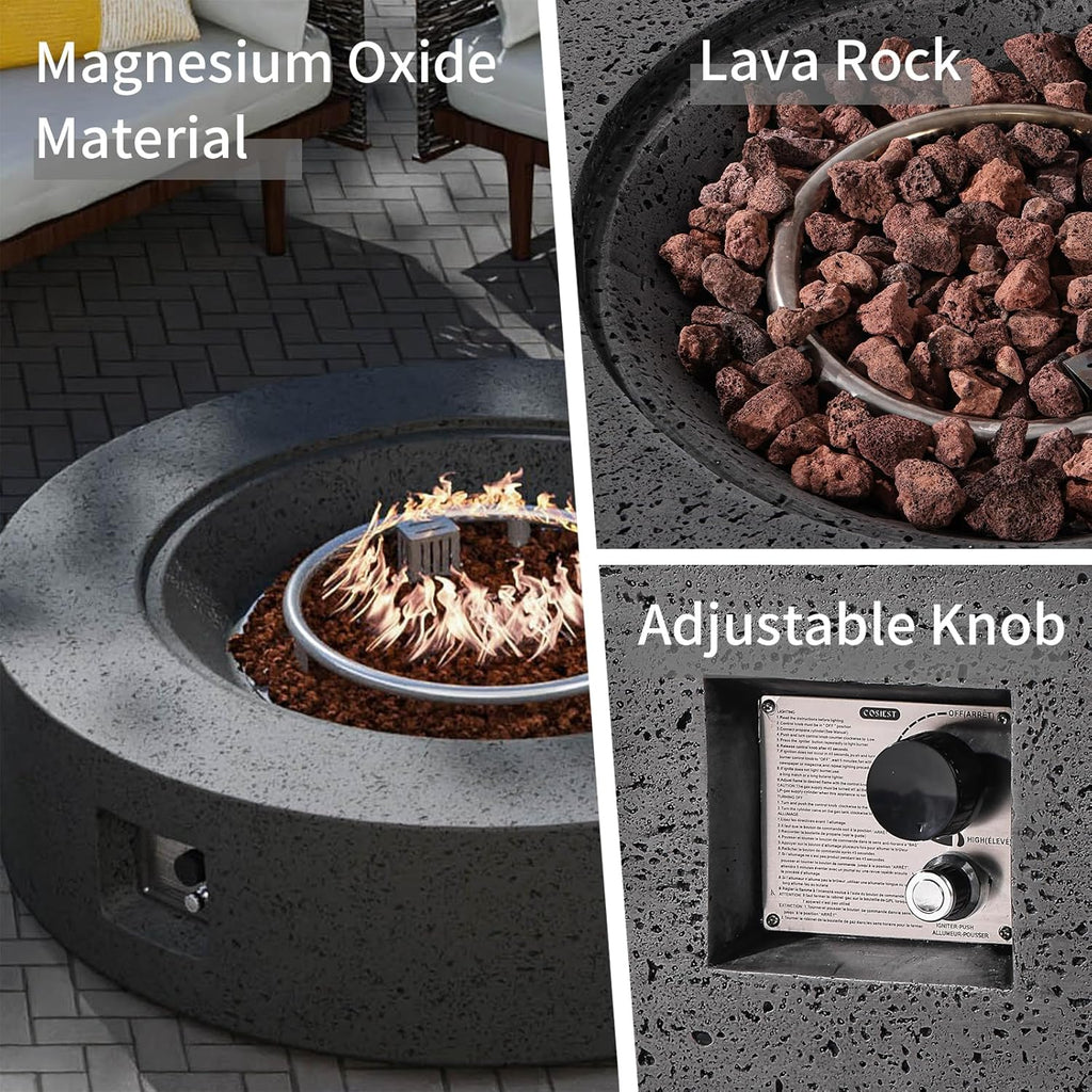 SUNBURY Outdoor Travertine Fire Pit Table, 42 inches Round Propane Gas Patio Fire Pit 50,000 BTU Concrete, Circular Base Firepit with Lava Rocks, Waterproof Cover (Grey)