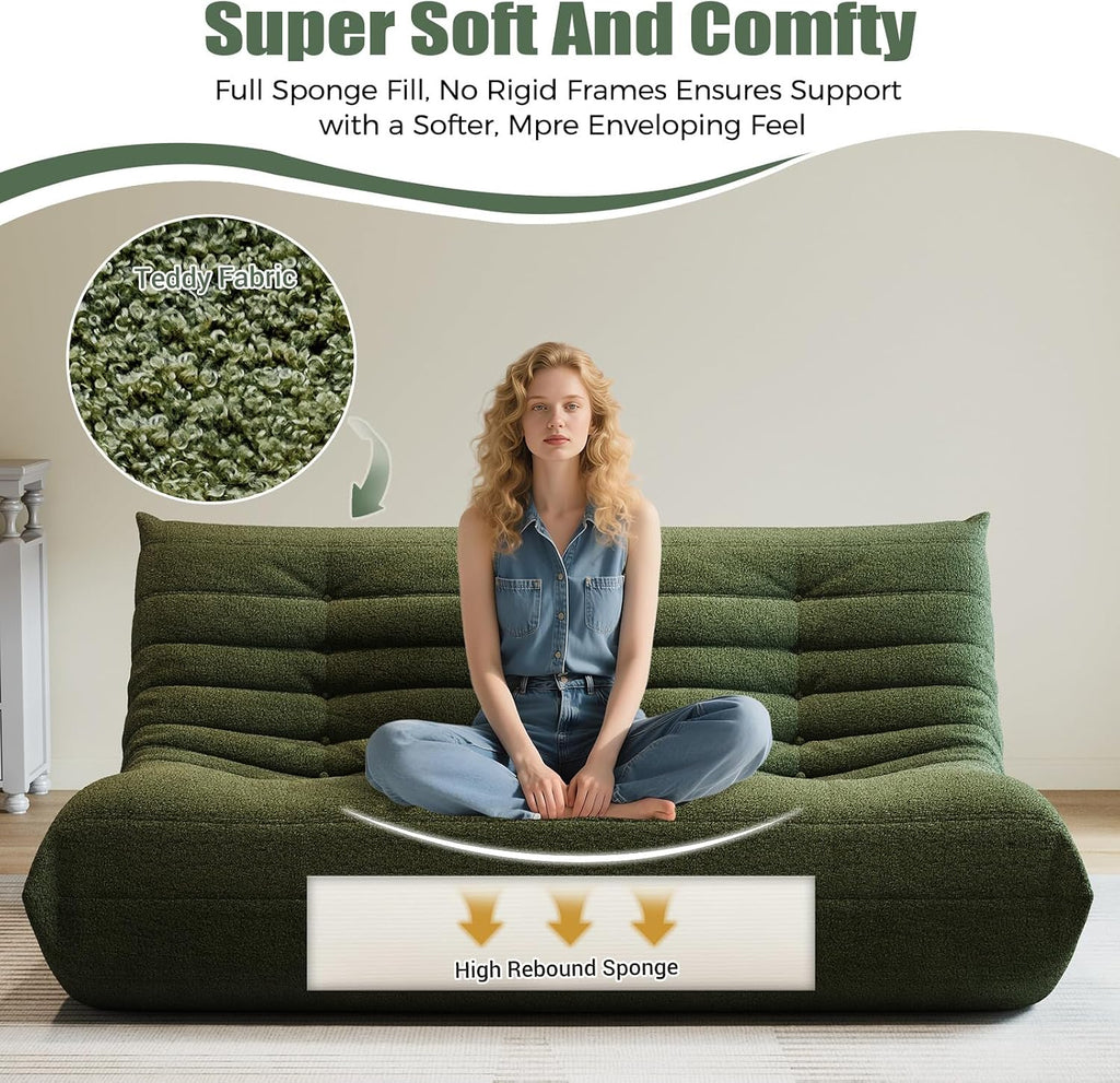 3 Seat Oversized Bean Bag Chairs for Adults, Memory Foam Fireside Beanbag Couch, Comfy Bean Bag Lounger Lazy Sofa for Living Room, Bedroom, Playroom, Green