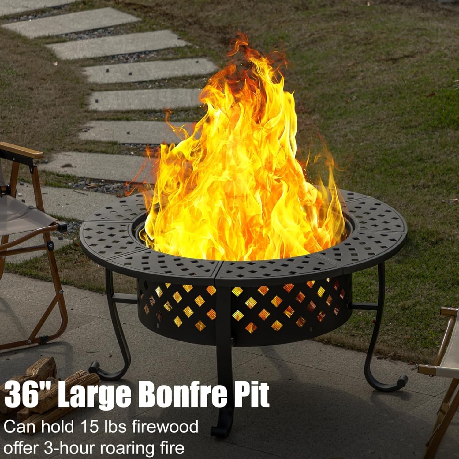 Panovue 36 Inch Fire Pit with 2 BBQ Grills, Wood Burning Fire Pits for Outside with Lid & Fire Poker, BBQ& Outdoor Firepit & Round Metal Table 3 in 1 for Patio, Picnic, Party