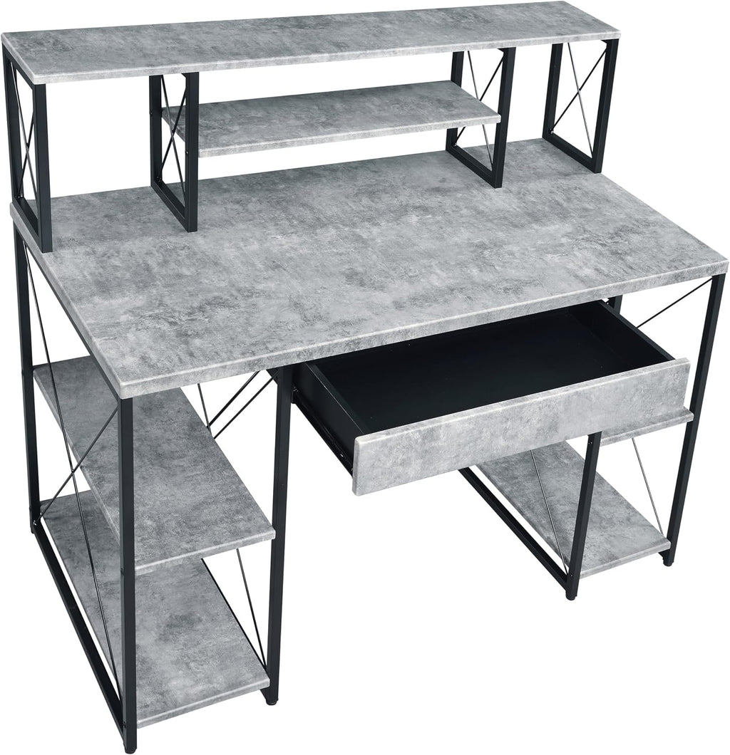 Modern Computer Desk with Hutch and Open Shelves, Foldable Adjustable Portable Gaming Study Desk Table with Wheels for Bedroom Office Student Sturdy Furniture,Grey-Wood