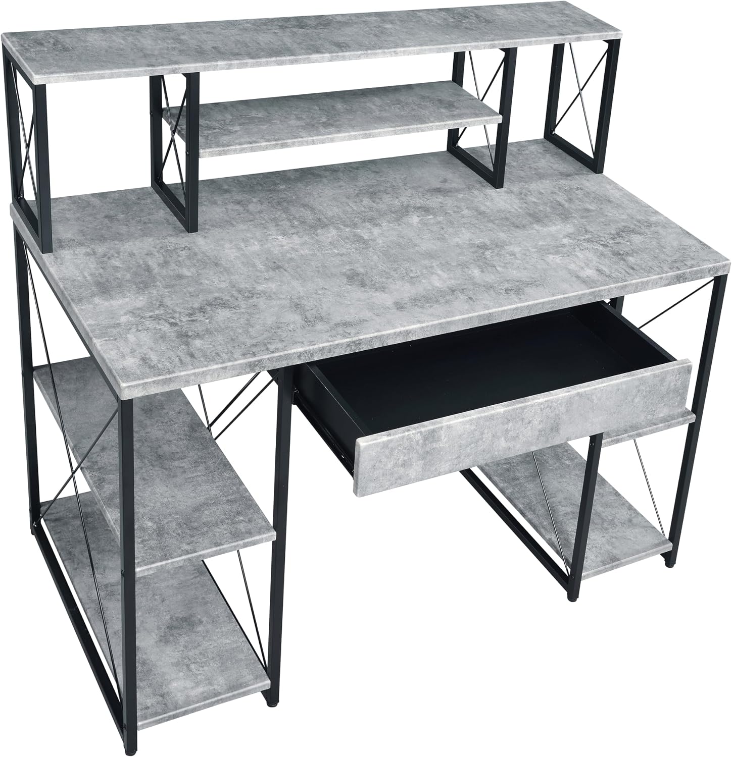 Modern Computer Desk with Hutch and Open Shelves, Foldable Adjustable Portable Gaming Study Desk Table with Wheels for Bedroom Office Student Sturdy Furniture,Grey-Wood