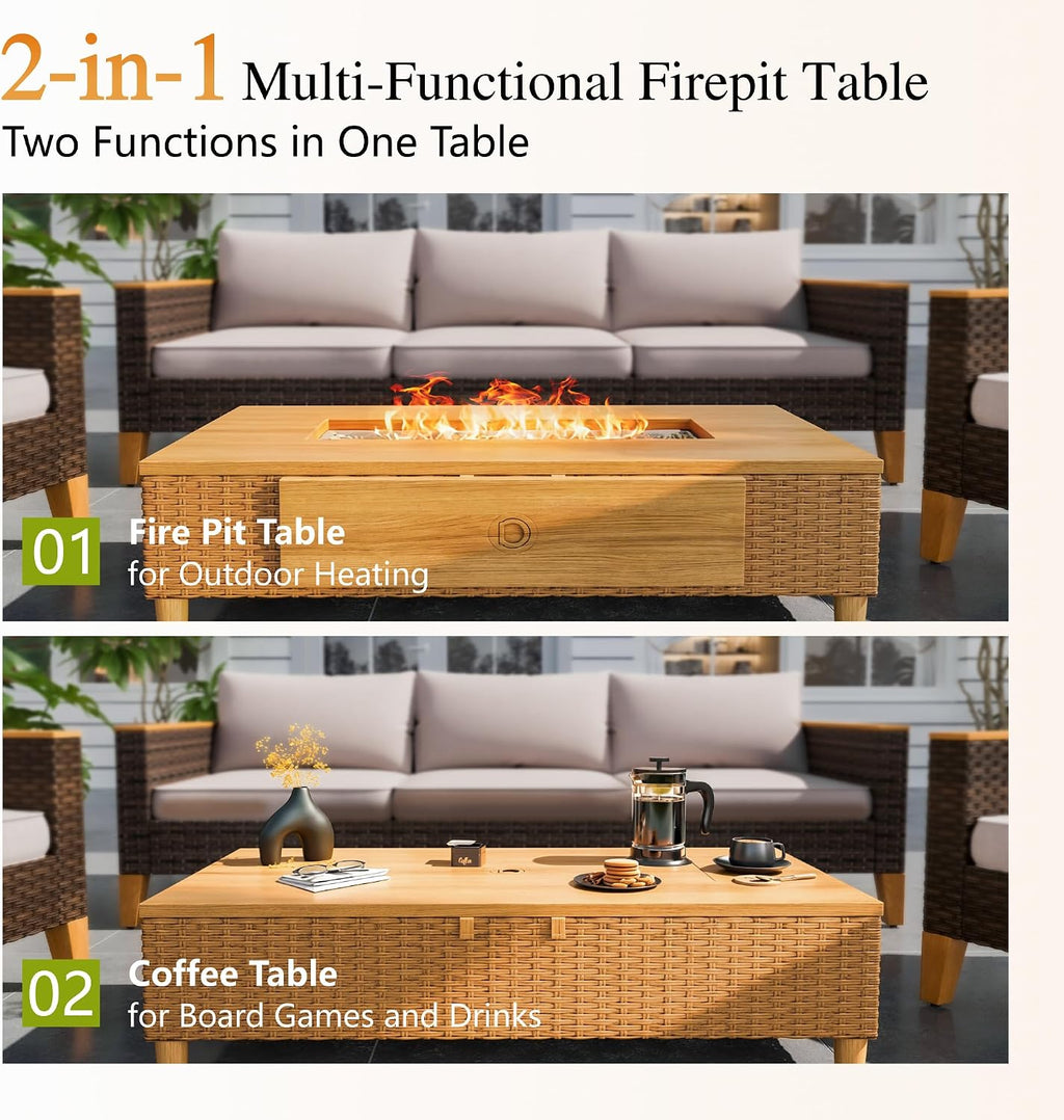 Sophia & William 42 Inch Outdoor Propane Gas Fire Pit Table Patio Rattan Rectangular Fire Table with Tank Cover Table, 50,000 BTU Firepit Table for Outside Patio with Fire Glass, Lid