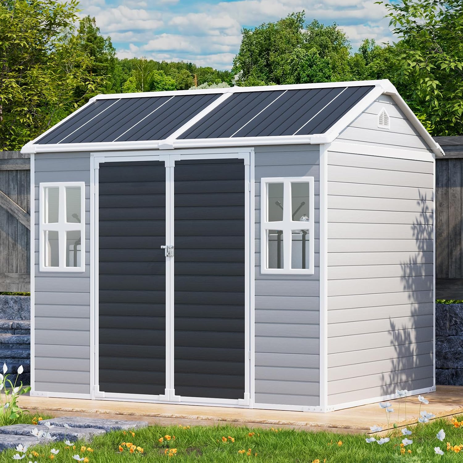 8x6 FT Resin Storage Sheds with Floor Windows, Waterproof Plastic Outdoor Shed Kit, Outside Tools Sheds for Backyard Garden Patio Lawn