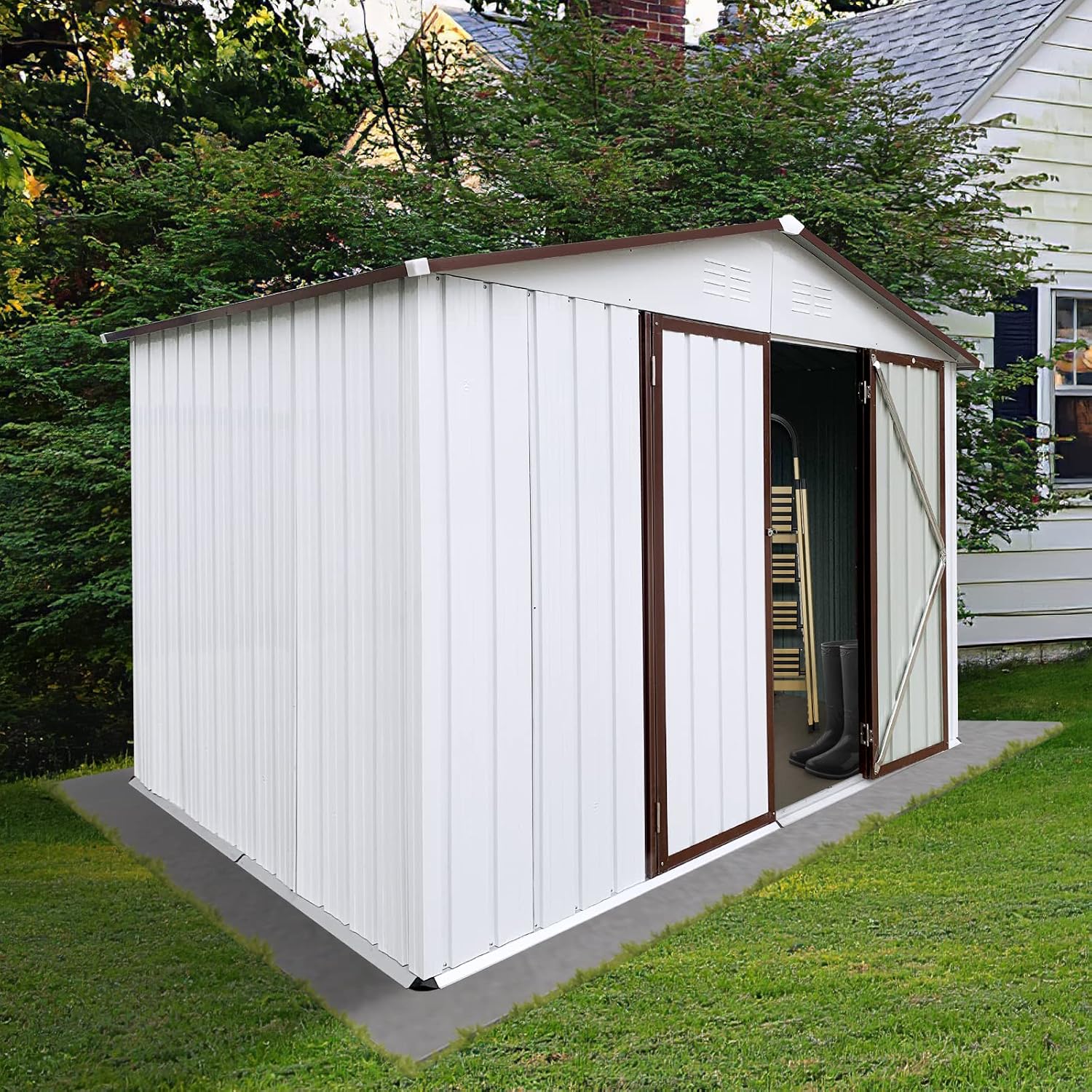 8x10 FT Metal Storage Shed, Outdoor Storage Shed with Apex Roof, Lockable Door for Garden, Backyard, Lawn, and Utility Shelter, Weather-Resistant, Easy to Set Up, White and Coffee