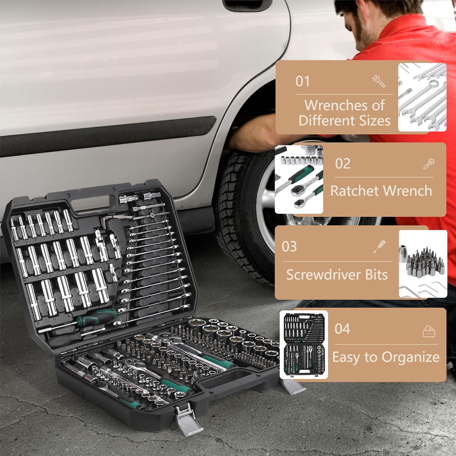 216-Piece Tool Set, Socket Wrench Set Mechanics Tools with 72-Tooth Reversible Ratchet, Tool Kit with Case for Automotive Repair, 1/4' 3/8' 1/2' Drive Socket Kit, Universal Joint, and Extension Bars