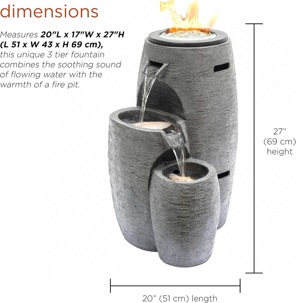 Alpine Corporation WTO120 Outdoor Cascading Look 3 Tiered Fire and Water Fountain with Adjustable Flame and LED Lights, 27' Tall, Gray