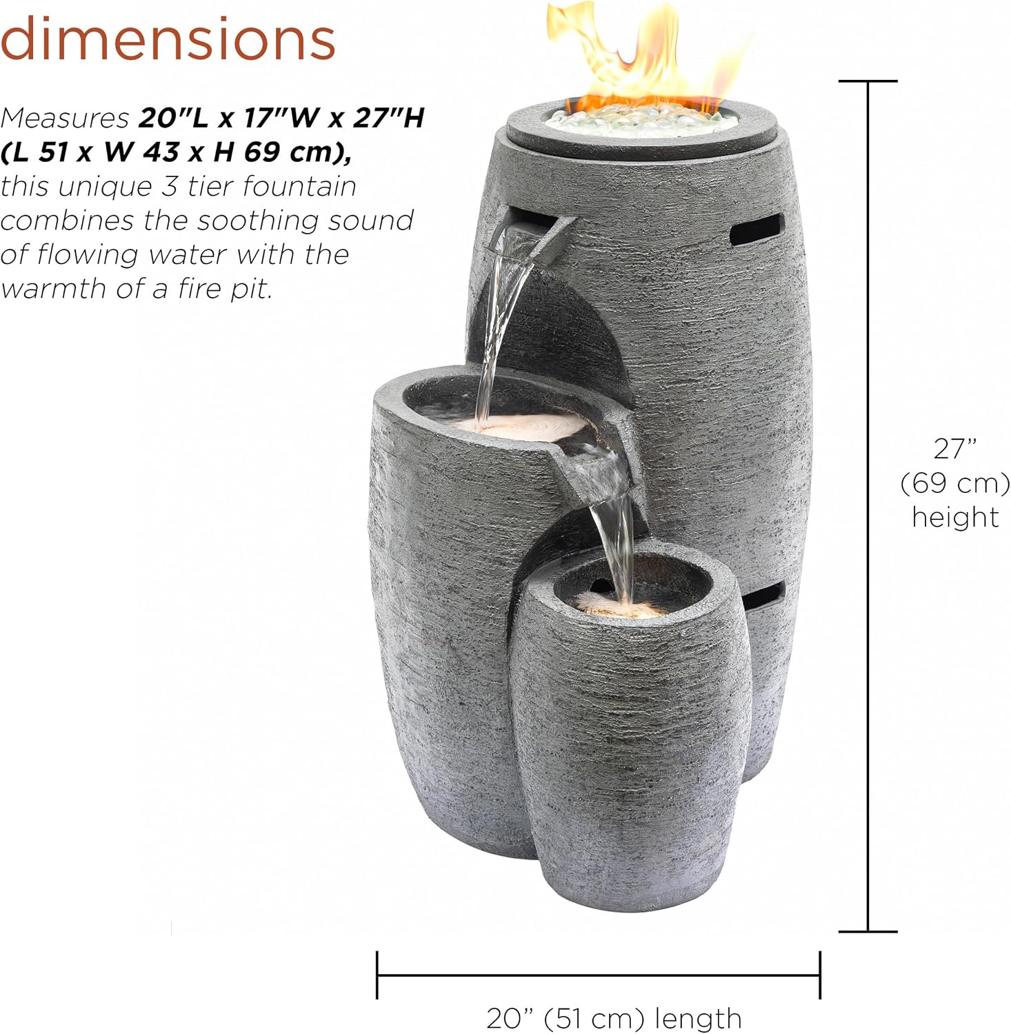 Alpine Corporation WTO120 Outdoor Cascading Look 3 Tiered Fire and Water Fountain with Adjustable Flame and LED Lights, 27' Tall, Gray