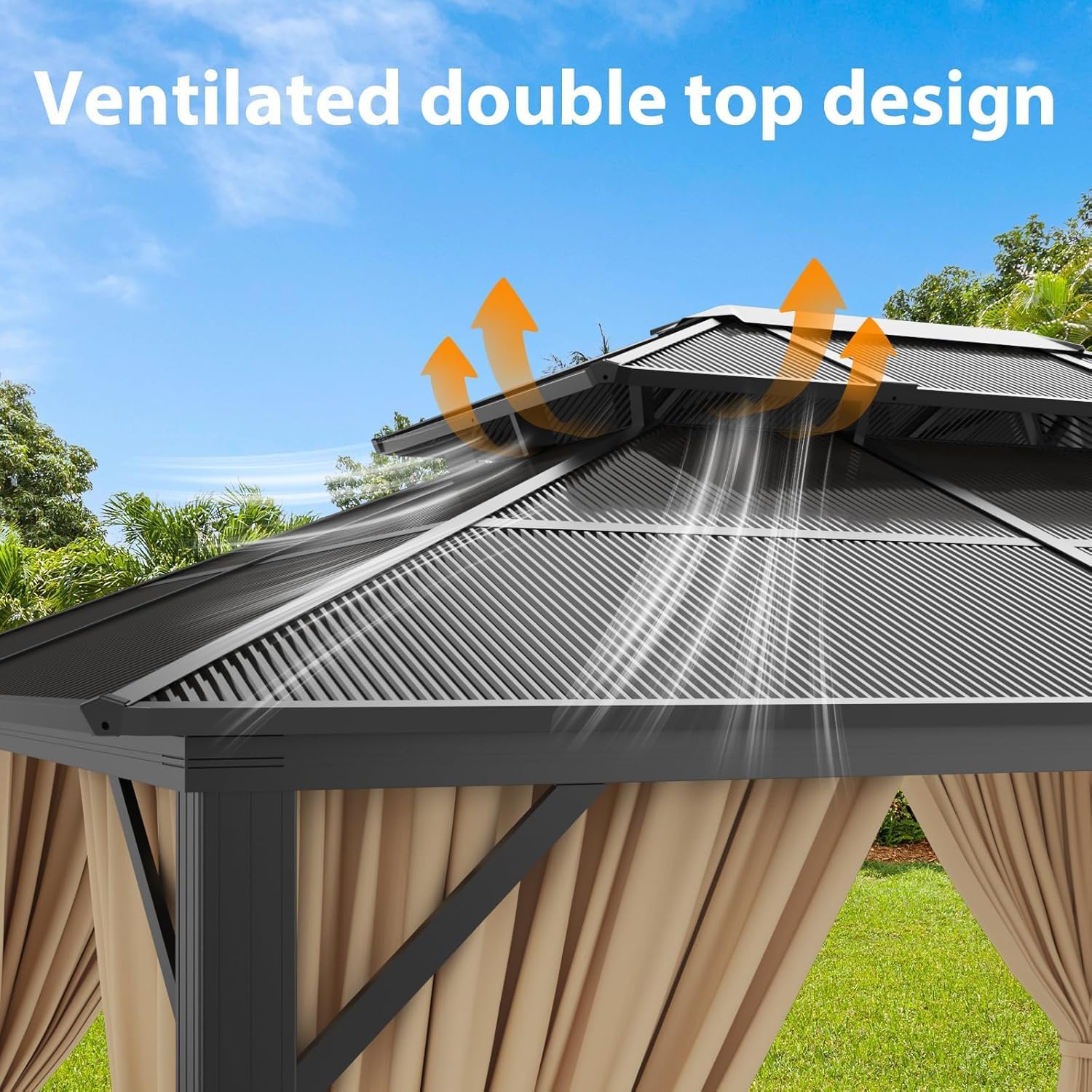 10' x 12' Hardtop Gazebo, Aluminum Frame Gazebo with Galvanized Steel Double Roof, Curtains and Netting, Outdoor Canopy Metal Permanent Pavilion for Garden Patio Deck Backyard, Brown