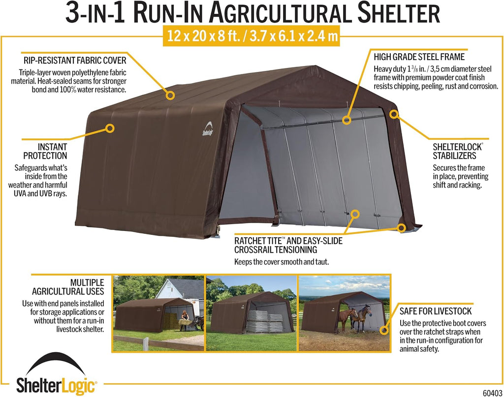 ShelterLogic 12' x 20' x 8' 3-in-1 Run-in Outdoor Animal Shelter with Waterproof Cover, All-Weather Outdoor Storage Shed for Animals, Agriculture, and Farm Equipment, Brown