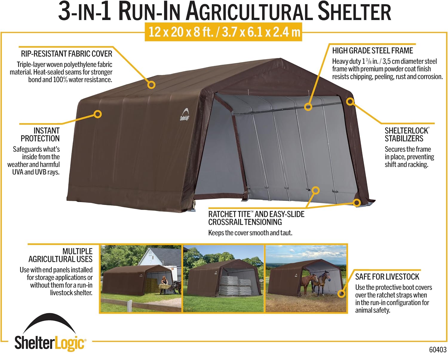 ShelterLogic 12' x 20' x 8' 3-in-1 Run-in Outdoor Animal Shelter with Waterproof Cover, All-Weather Outdoor Storage Shed for Animals, Agriculture, and Farm Equipment, Brown