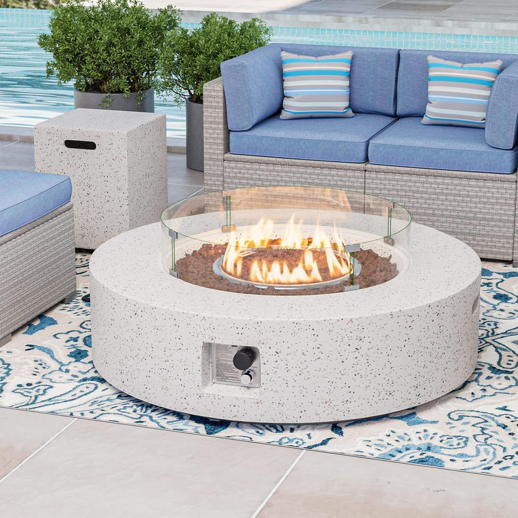 COSIEST 2-Piece Outdoor Propane Firepit Table Set w Tank Table, 42 inch Dark Fire Table Certified, 50,000 BTU w Beige Round Base,Wind Guard and 16 inches Tank Side Table 20lb for Garden,Pool