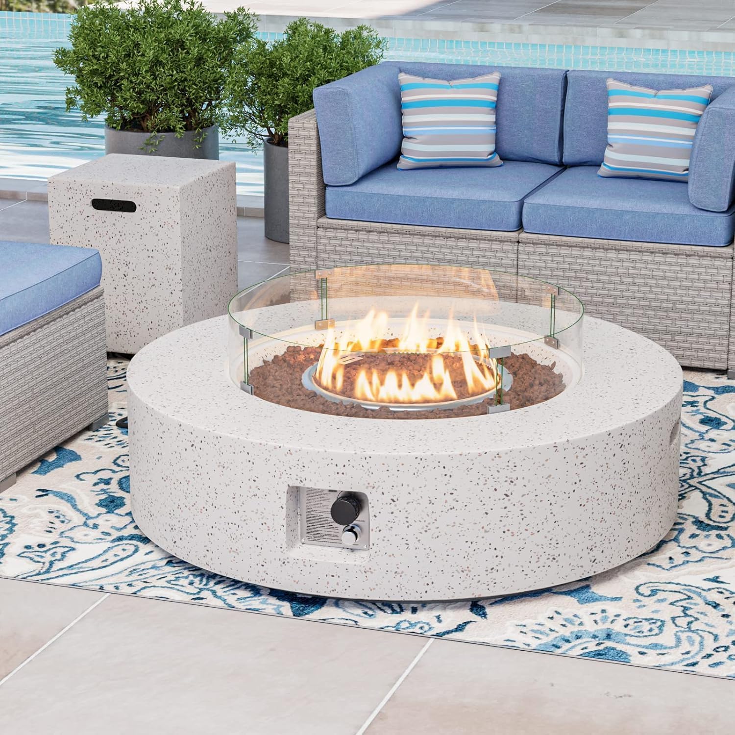 COSIEST 2-Piece Outdoor Propane Firepit Table Set w Tank Table, 42 inch Dark Fire Table Certified, 50,000 BTU w Beige Round Base,Wind Guard and 16 inches Tank Side Table 20lb for Garden,Pool