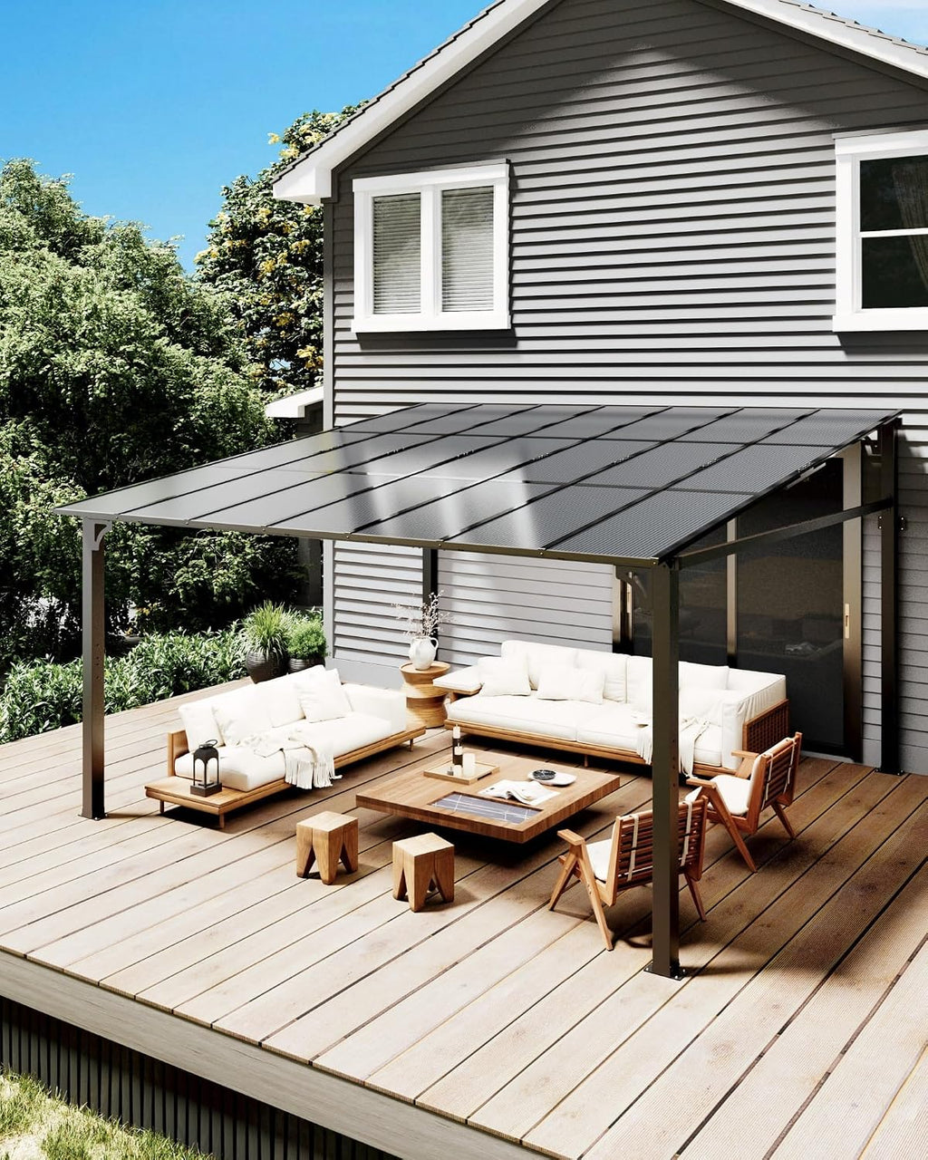 12'x 14'Wall Mounted Gazebo, Hardtop Lean-to Pergola with Polycarbonate Roof, Heavy Duty Outdoor Patio Awnings for Deck, Porch, Backyard, Garden, Weather Resistant, Brown