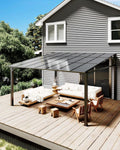 12'x 14'Wall Mounted Gazebo, Hardtop Lean-to Pergola with Polycarbonate Roof, Heavy Duty Outdoor Patio Awnings for Deck, Porch, Backyard, Garden, Weather Resistant, Brown