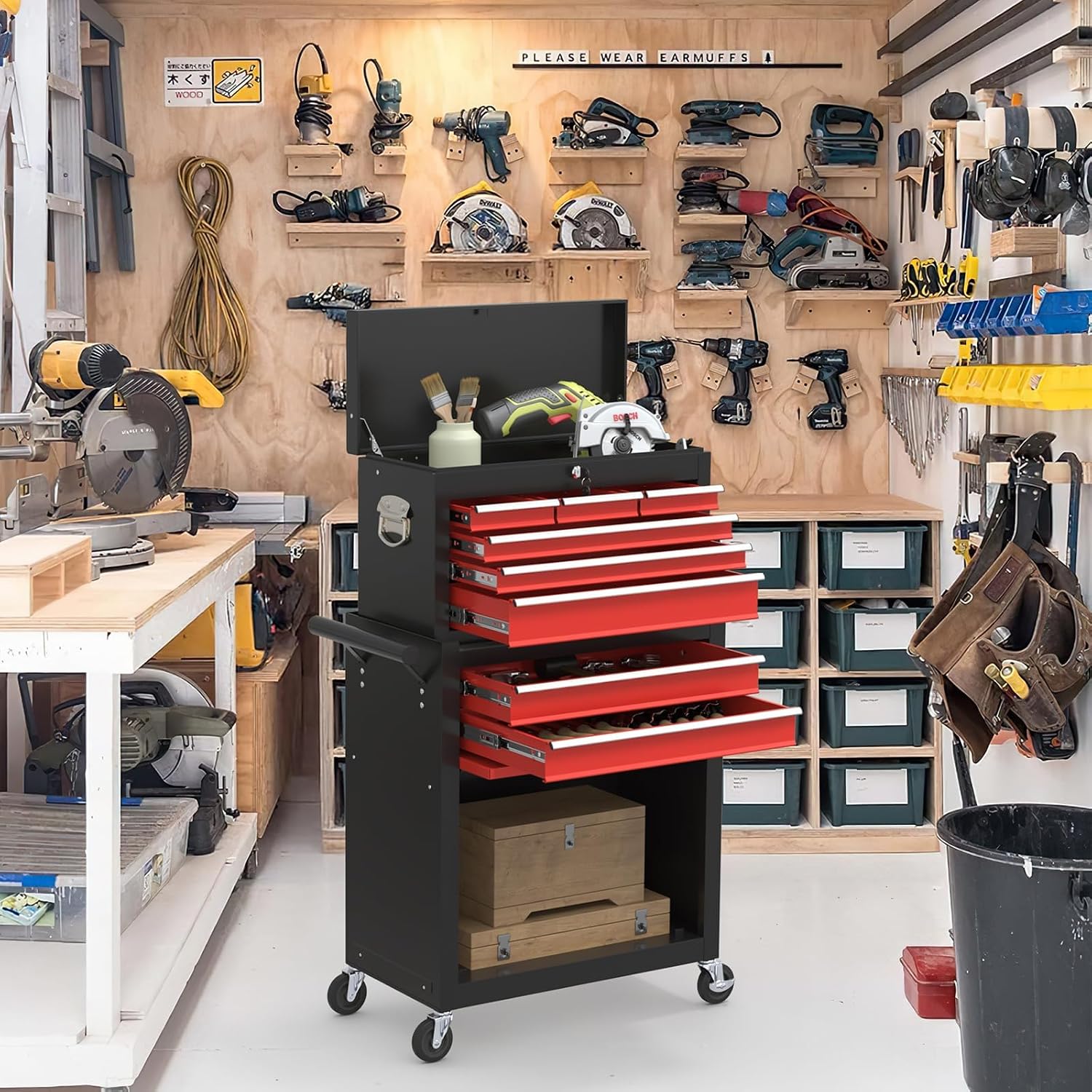 High Capacity Rolling Tool Boxes with Wheels and Drawers, 8-Drawer Storage Cabinet, Detachable Organizer Combo, Mobile Lockable Toolbox for Workshop Tool Room and Garage (BlackRed)