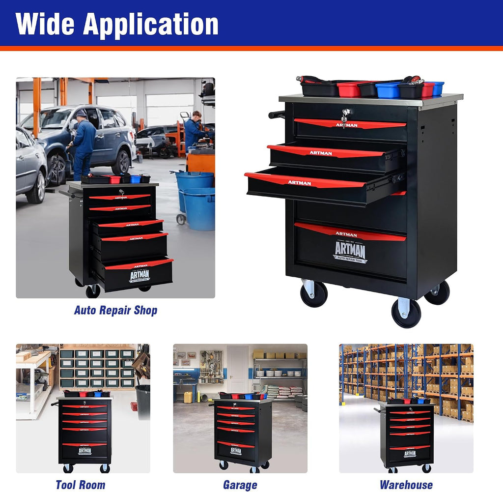 5 Drawers Tool Cart on Wheels with Stainless Steel Worktop, Heavy Duty Mobile Rolling Drawer Tool Chest with Locking Wheels & Lockable Drawers, Garage Tool Storage Cabinet (Black, 5 Drawers)