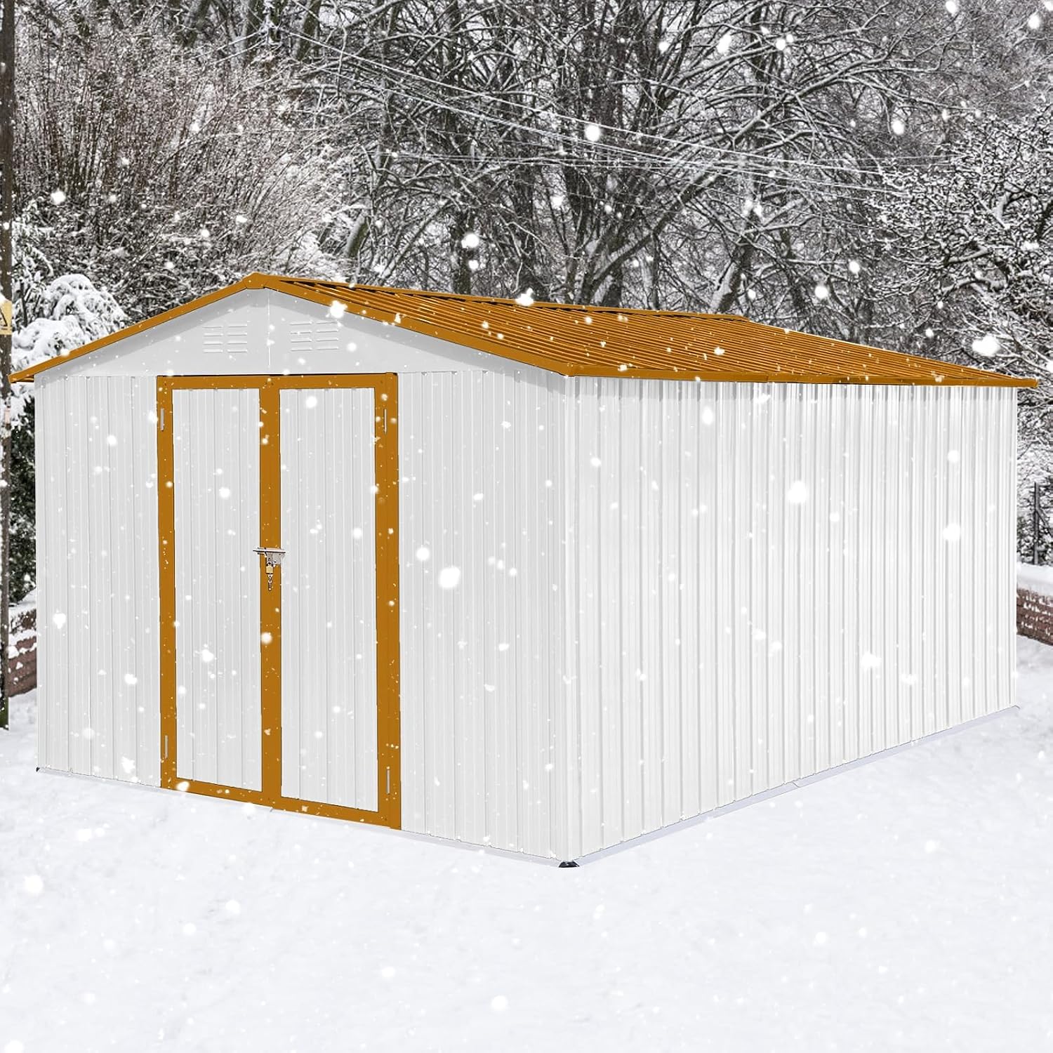 10x12 FT Outdoor Storage Shed, Metal Garden Shed with Lockable Hinged Doors, Large Storage Building with Sloped Roof & 4 Air Vents, Waterproof Outside Tool Shed for Backyard, Patio, Lawn, White+Yellow