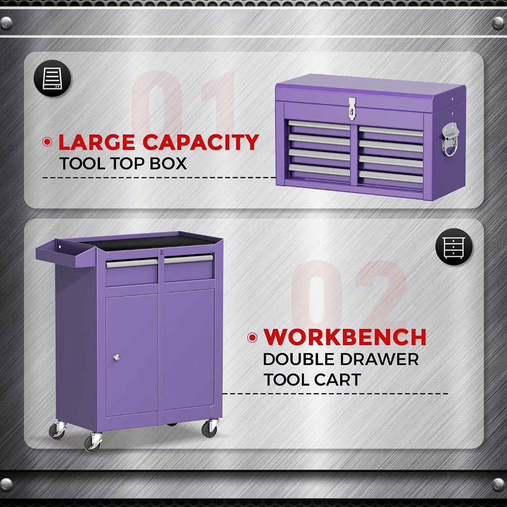 5-Drawer Rolling Tool Chest - Heavy-Duty Steel Tool Cabinet with Detachable Top Box, Locking Wheels & Security System for Garage/Workshop, 2-in-1 Design (Purple)