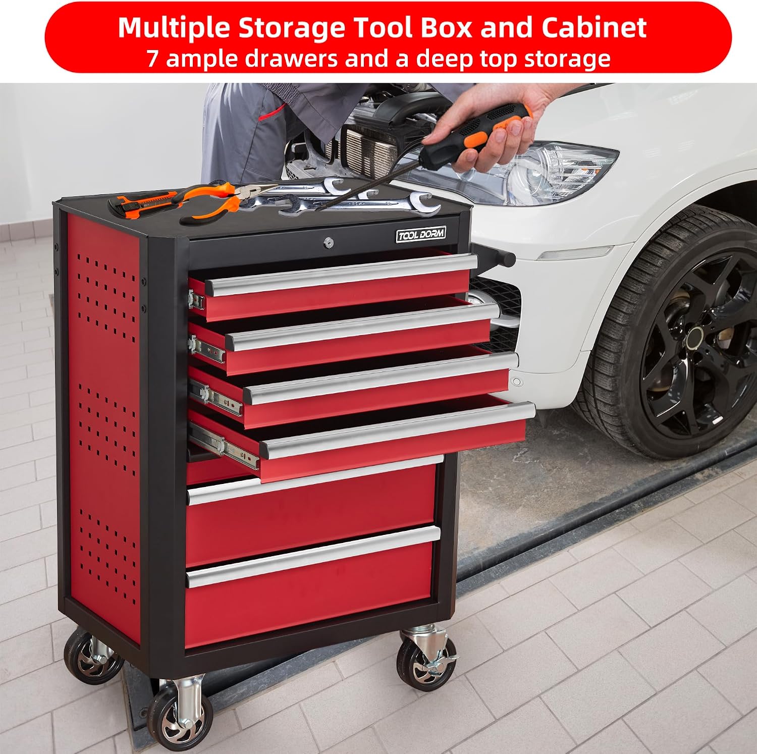 Tool Chest with Wheels - 28inch Tool Box with 7 Drawers, Metal Rolling Tool Cabinet with Locking System, for Garage, Warehouse, Workshop, Repair Shop
