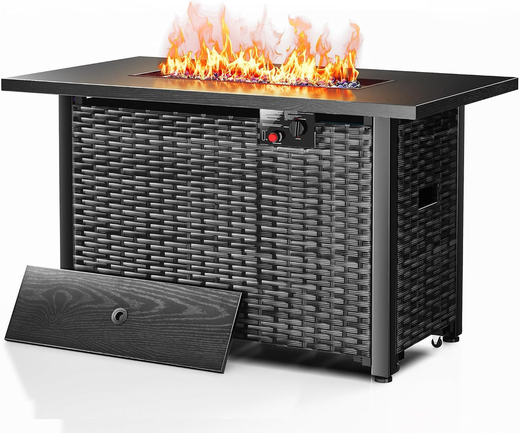 43' Outdoor Propane Fire Pit Table, 50,000 BTU Square Rattan Gas Fire Pit with Lid & Blue Crystal Stones, Steel Tabletop, Adjustable Flame, 4-in-1 FirePit Table for Patio, Backyard, Outdoor Gatherings