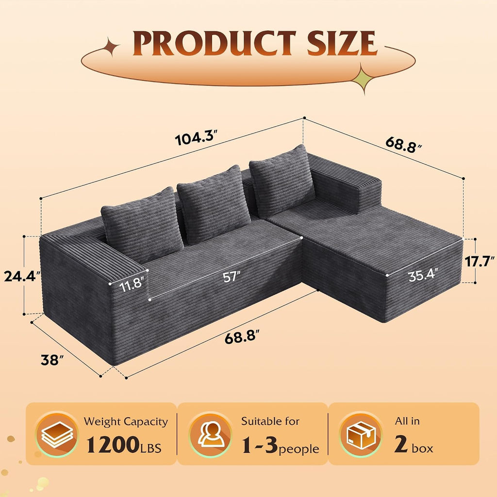 WLIVE 104'' Cloud Sectional Couches for Living Room, Modular Boneless Couch with Left Facing Chaise, L Shape Memory Foam Corduroy, with Cushion, Grey