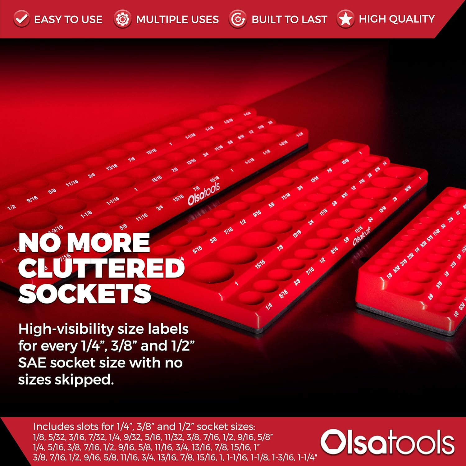Olsa Tools Magnetic Socket Organizer - 1/4', 3/8' & 1/2-Inch Drive SAE Socket Holder Set - Professional Tool Holder and Organizer - Stores up to 123 Sockets - Red - Part: 1560